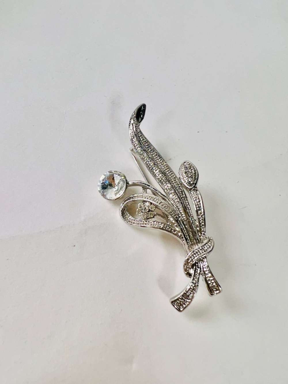 Silver Crystal Floral Spray Brooch - Women Jewelry